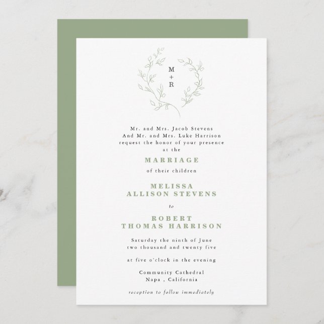 Simple Sketch Wreath Monogram Sage Green Wedding  Invitation (Front/Back)