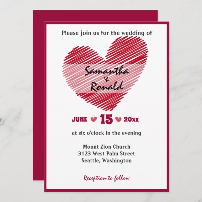Simple Sketchy Red Heart Wedding Invitation (Front/Back)