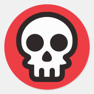 Simple skull logo on red background, round sticker