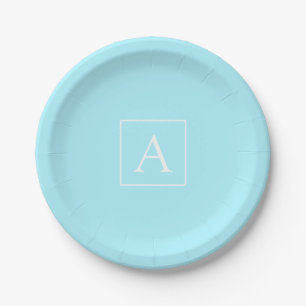 Simple Sky Blue Monogram Paper Plate