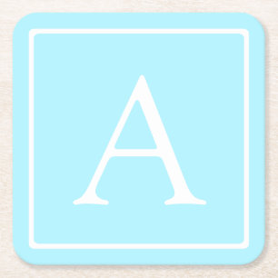 Simple Sky Blue Monogram Square Paper Coaster