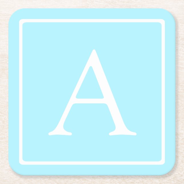 Simple Sky Blue Monogram Square Paper Coaster (Front)