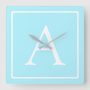 Simple Sky Blue Monogram Square Wall Clock