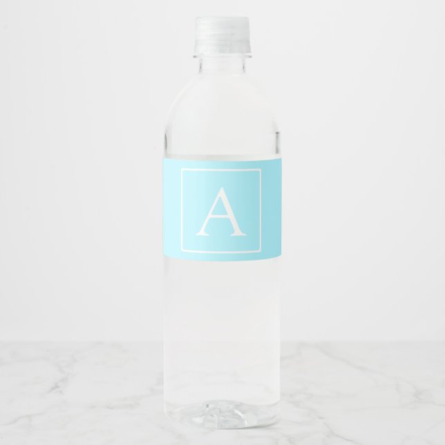 Simple Sky Blue Monogram Water Bottle Label (Front)