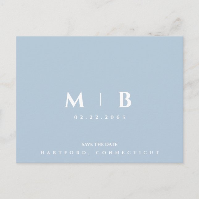 Simple Sky Blue Monogram Wedding Save the Date  Postcard (Front)