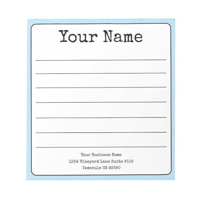 Simple Sky Blue Retro Add Your Name Lined  Notepad (Front)