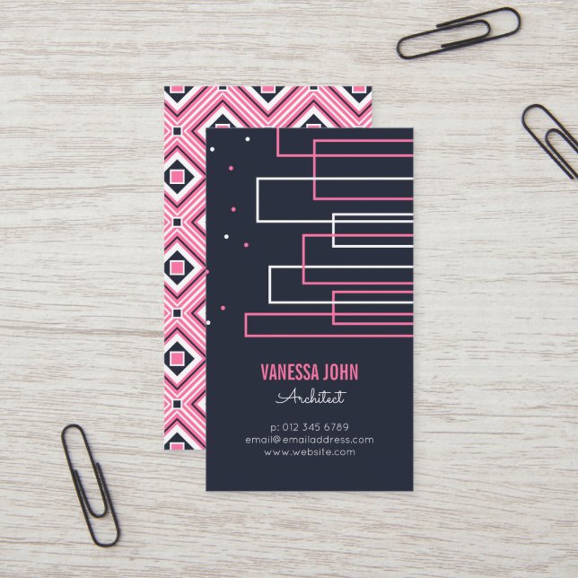 Simple Skyline | Hot Pink & Navy Blue Architect Business Card (Front/Back In Situ)