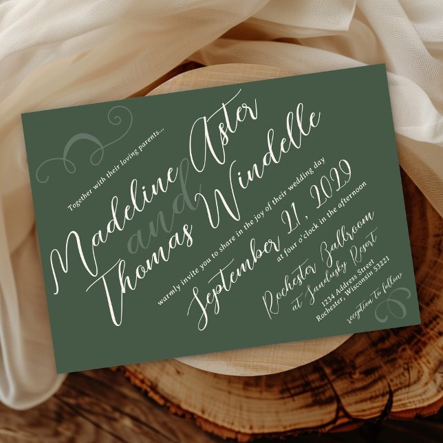 Simple Slant Script Dark Green Elegant Wedding Invitation (Elegant slant script simple dark sage green classic swirl modern calligraphy wedding invitation set)