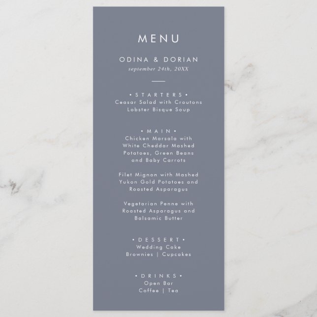 Simple Slate Blue Grey Wedding Dinner Menu (Front)