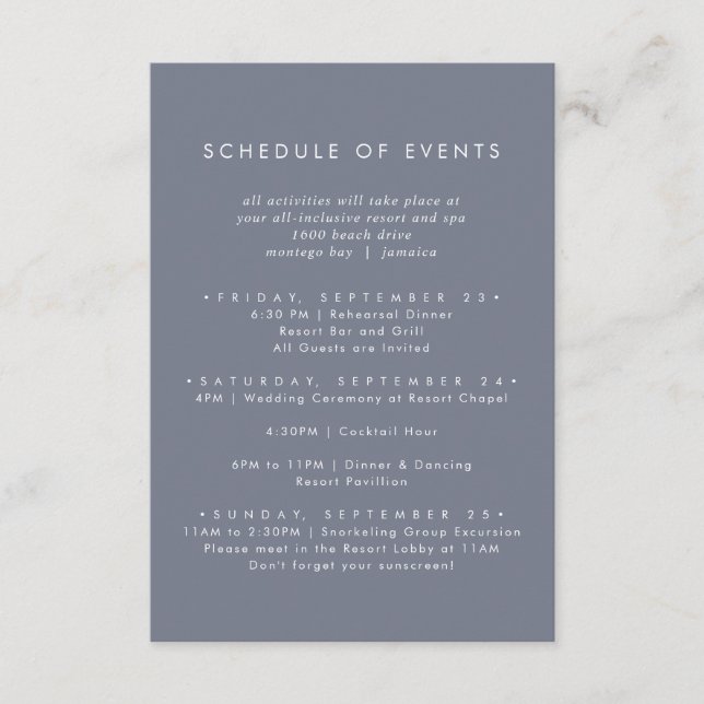 Simple Slate Blue Grey Wedding Schedule of Events Enclosure Card (Front)
