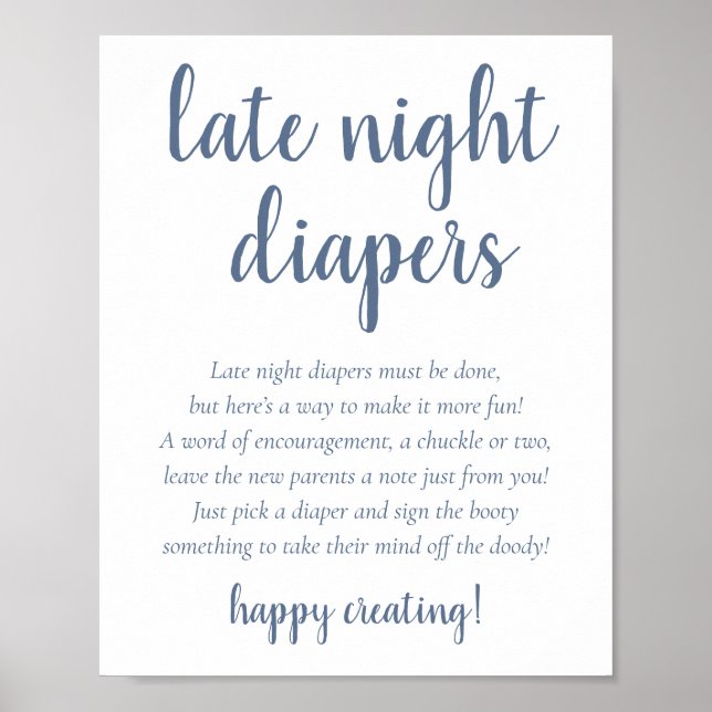 Simple Slate Late Night Diapers | Blue Baby Shower Poster (Front)