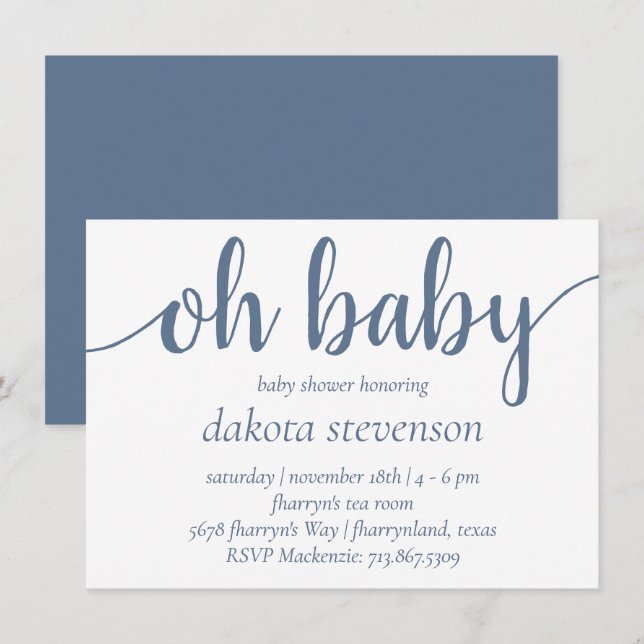 Simple Slate Oh Baby | Dusty Blue Flourish Shower Invitation (Front/Back)