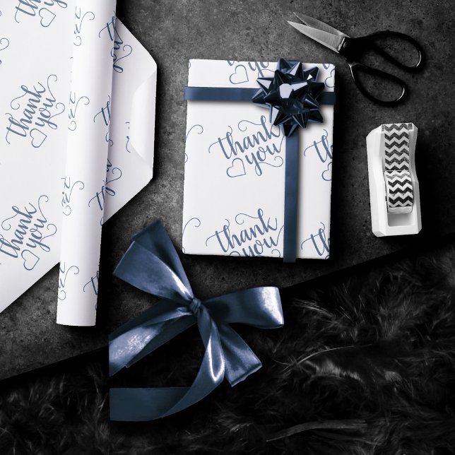 Simple Slate Script | Dusty Blue Thank You Heart Wrapping Paper (Creator Uploaded)