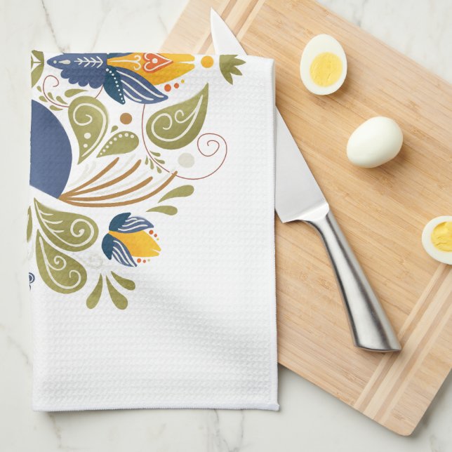 Simple Slavic Folk Bluebird Art Tea Towel (Quarter Fold)