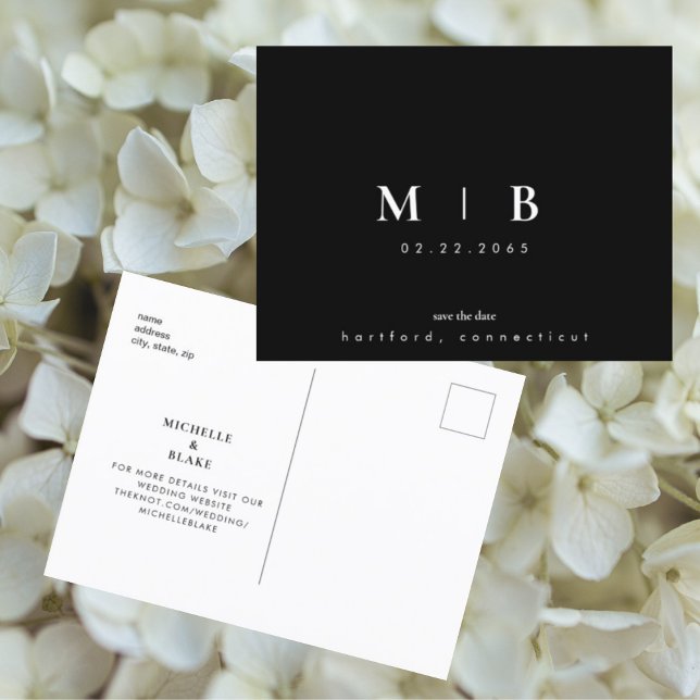 Simple & Sleek B/W Monogram Wedding Save the Date  Announcement Postcard (Creator Uploaded)
