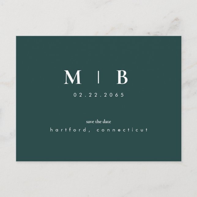 Simple & Sleek Monogram Emerald Save the Date  Announcement Postcard (Front)