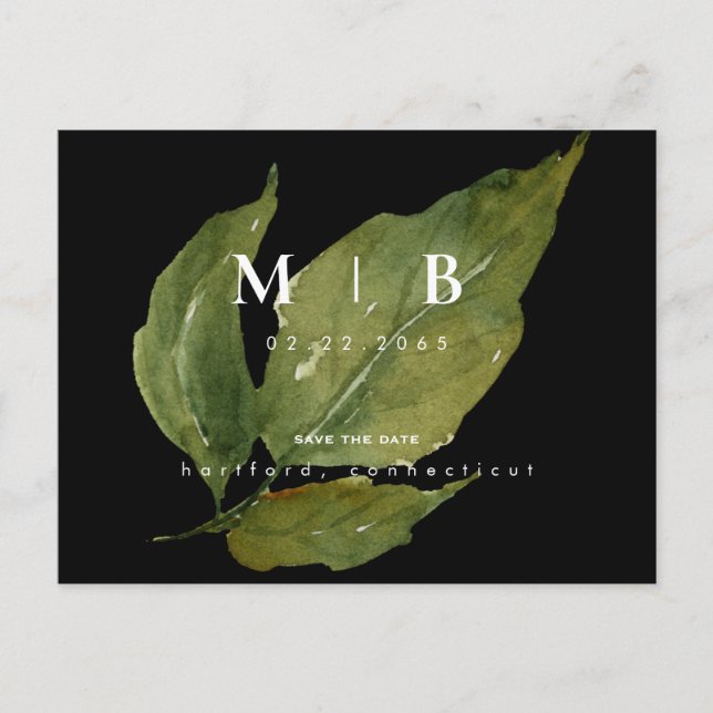 Simple & Sleek Monogram Foliage Save the Date QR   Postcard (Front)