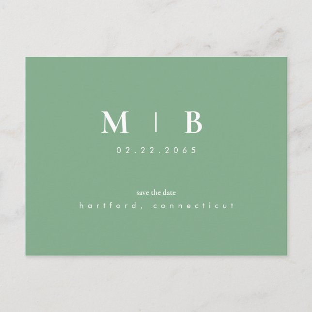 Simple & Sleek Monogram Green Save the Date  Announcement Postcard (Front)