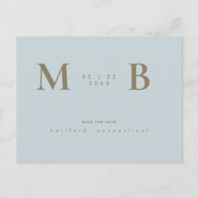 Simple & Sleek Monogram Icy Blue Save the Date  Postcard (Front)