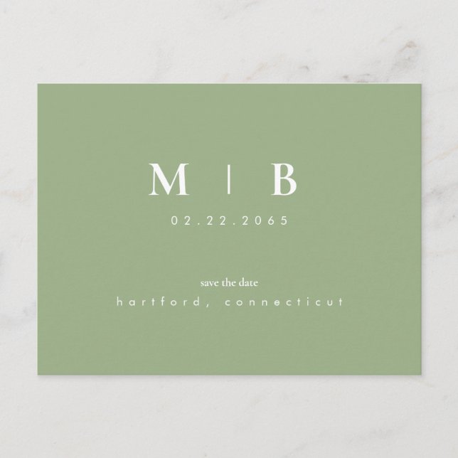 Simple & Sleek Monogram Sage III Save the Date   Announcement Postcard (Front)