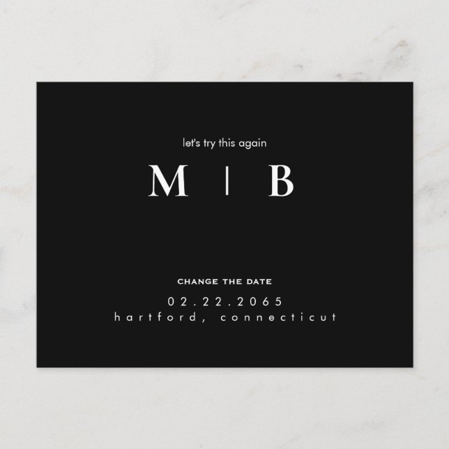 Simple & Sleek Monogram Wedding Change the Date Announcement Postcard (Front)