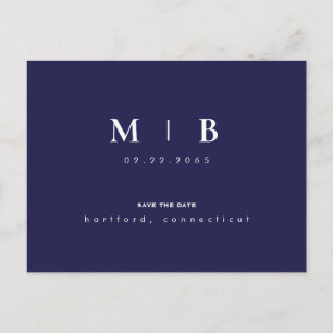Simple & Sleek Navy Monogram Save the Date Announcement Postcard
