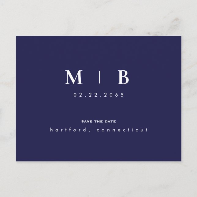 Simple & Sleek Navy Monogram Save the Date  Announcement Postcard (Front)