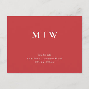 Simple & Sleek White Monogram Red/White Save Date Postcard