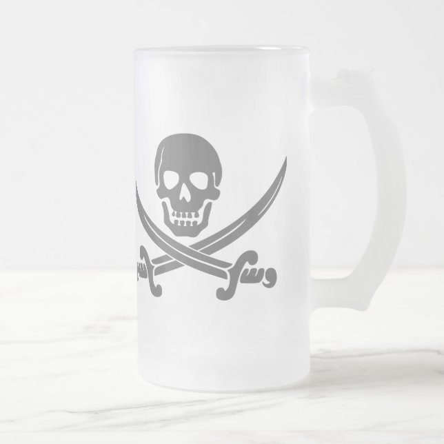 Simple Smiling Pirate Skull with Crossed Swords Frosted Glass Beer Mug (Right)