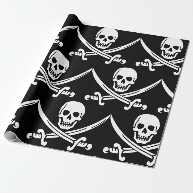 Simple Smiling Pirate Skull with Crossed Swords Wrapping Paper (Unrolled)
