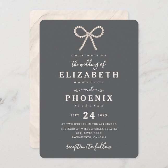 Simple Smoked Oyster Pearl Bow Trendy Wedding Invitation (Front/Back)