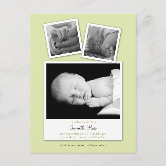 Simple Snapshots Baby Birth Announcement (Green) (Front)