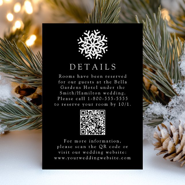 Simple Snowflake Black Wedding Details QR Code Enclosure Card (Creator Uploaded)