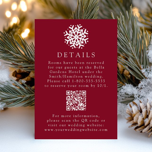 Simple Snowflake Burgundy Wedding Details QR Code Enclosure Card (Creator Uploaded)