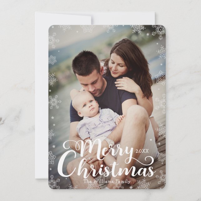Simple Snowflake Full-Bleed Merry Christmas Photo Holiday Card (Front)