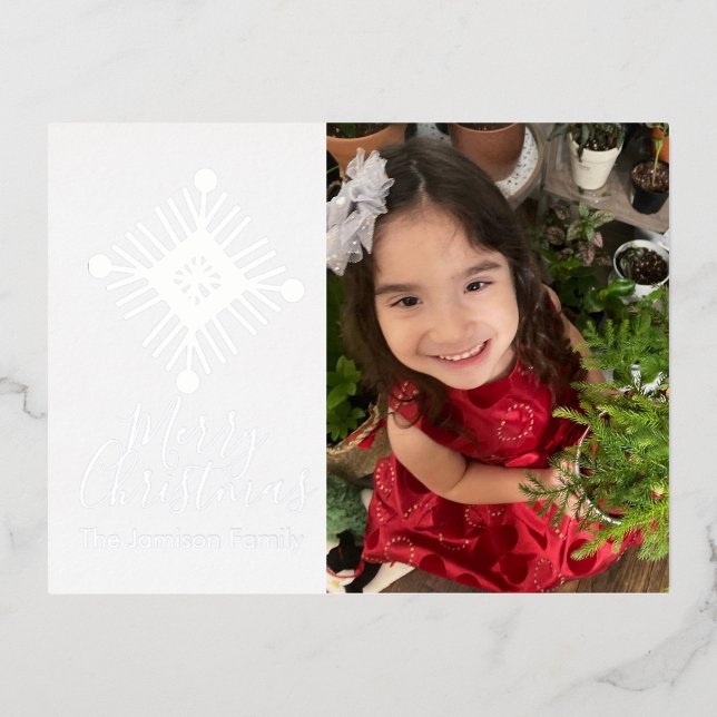 Simple Snowflake Merry Christmas Photo Pressed Foi Foil Holiday Postcard (Front)