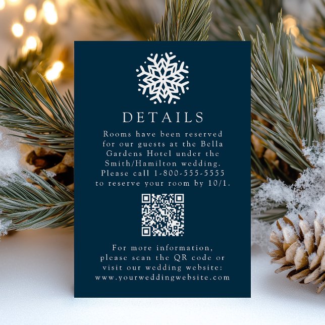 Simple Snowflake Navy Wedding Details QR Code Enclosure Card (Creator Uploaded)
