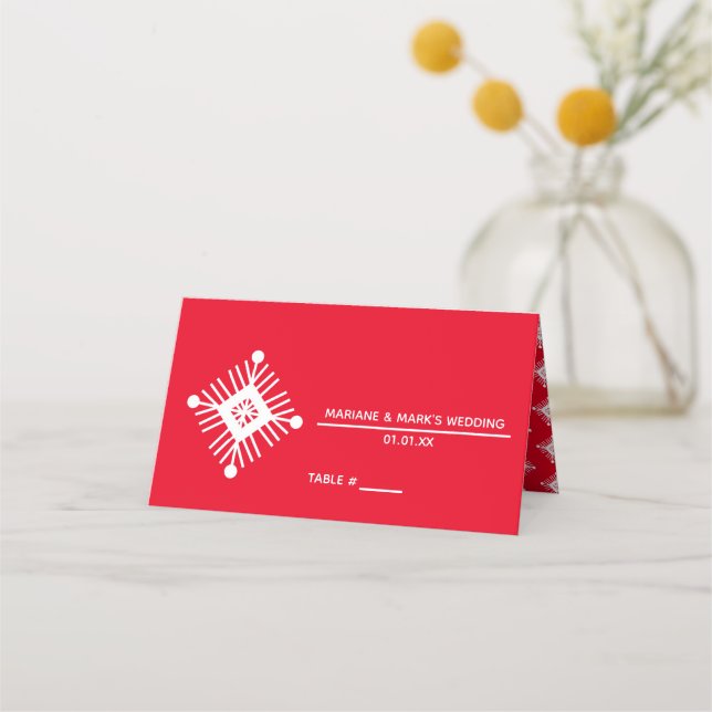 Simple Snowflake Red White Christmas Wedding Logo Place Card (Front)