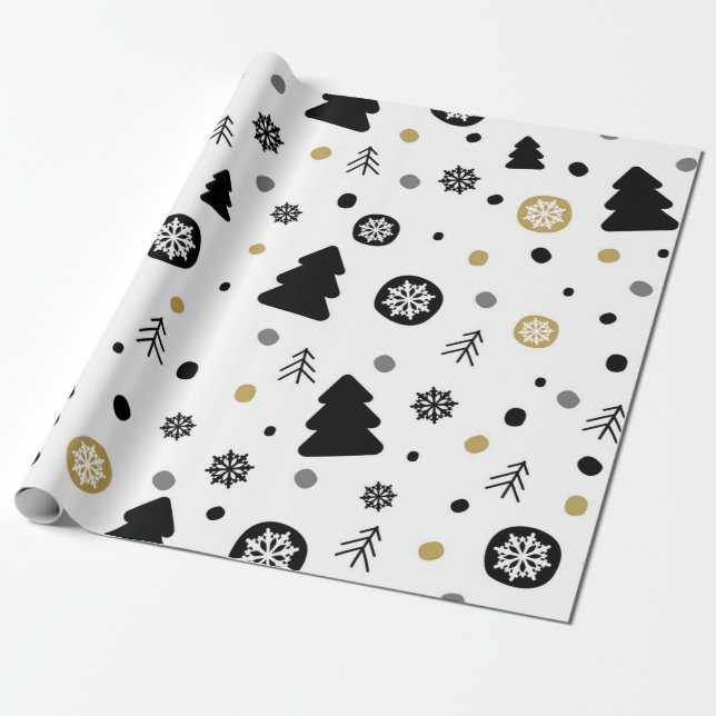 Simple Snowflakes and Trees Holiday Wrapping Paper (Unrolled)