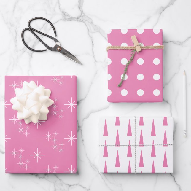 Simple Snowflakes Christmas Trees Pink Wrapping Paper Sheet (Front)