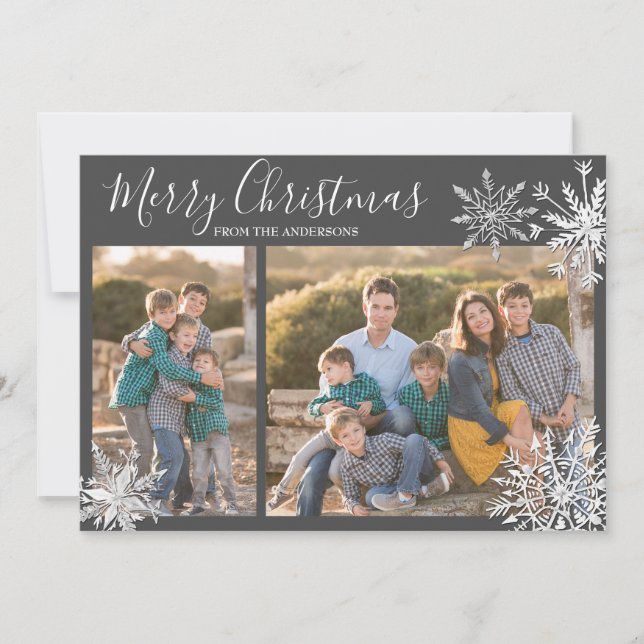 Simple Snowflakes Grey and White Photo Holiday Card (Front)