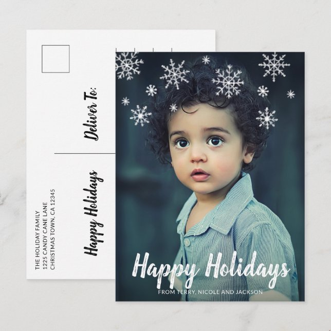 Simple Snowflakes Photo Modern Holiday Postcard (Front/Back)