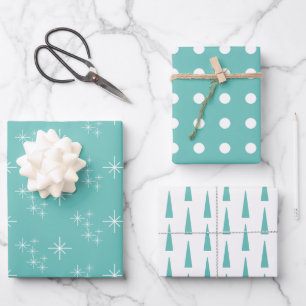 Simple Snowflakes Trendy Teal Christmas Trees  Wrapping Paper Sheet