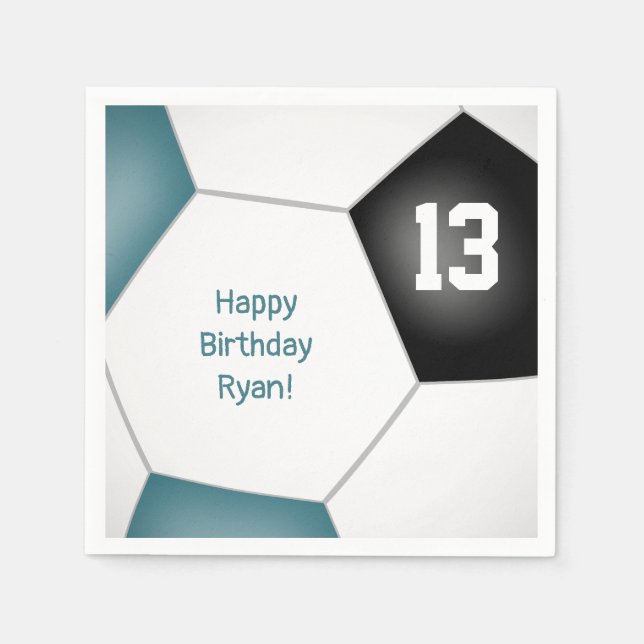 simple soccer ball girls boys birthday teal black napkin (Front)