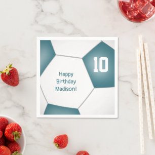 simple soccer ball girls boys birthday teal napkin