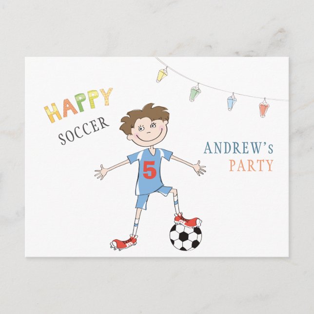 Simple soccer birthday 5 years boy sports party announcement postcard (Front)