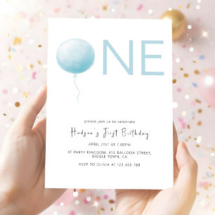 Simple Soft Blue Balloon Boy First Birthday Invitation