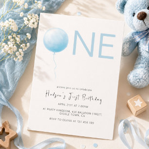 Simple Soft Blue Balloon Boy First Birthday Invitation