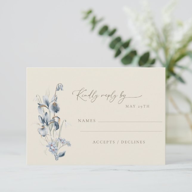 Simple Soft Blue Floral Minimalist Wedding  RSVP Card (Standing Front)