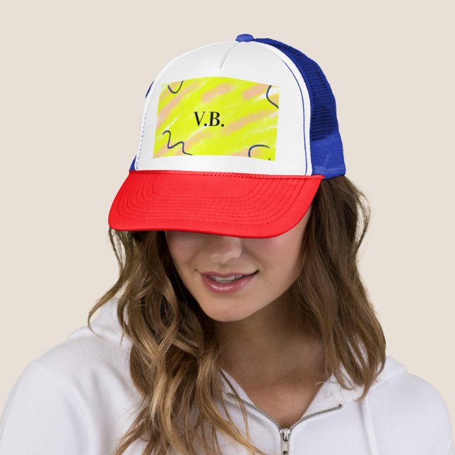Simple solid colour add name text monogram yellow trucker hat (In Situ)